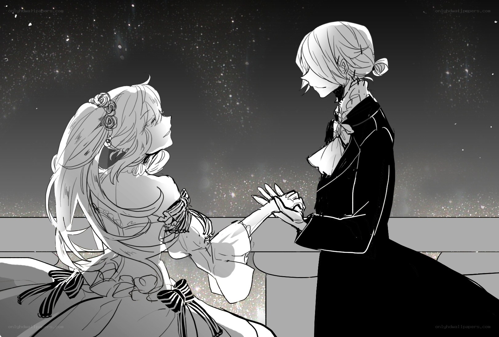 couple holding hands under stars