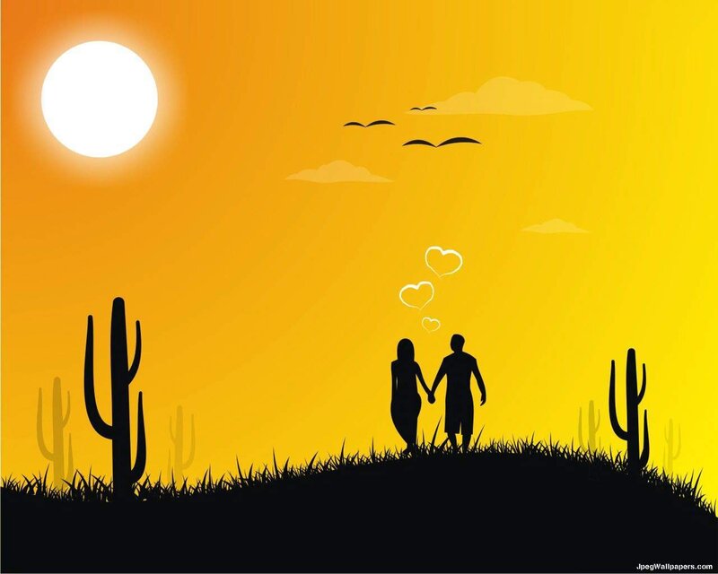 Couple Holding Hands — Yellow, Serene, Sunset, Vector Art, Cactus