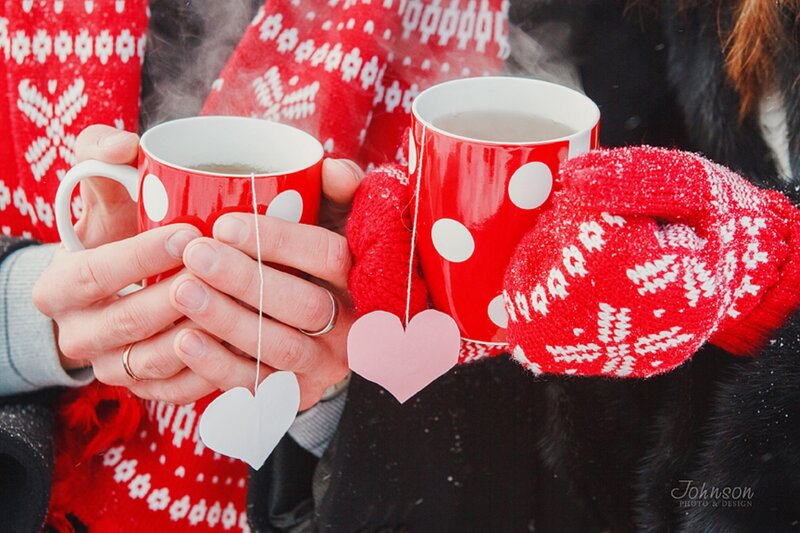 Couple Holding Mugs — Red, Cozy