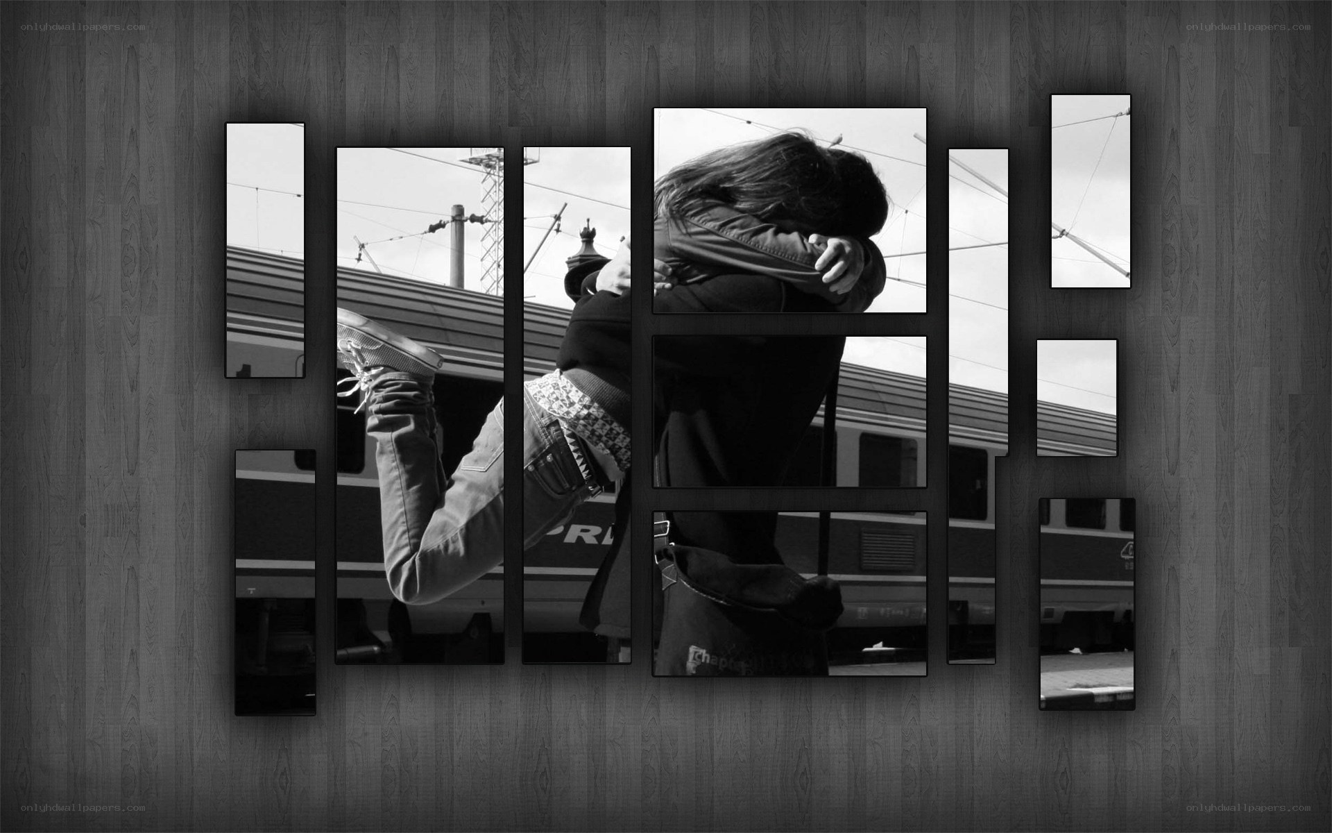 Couple hugging at train station
