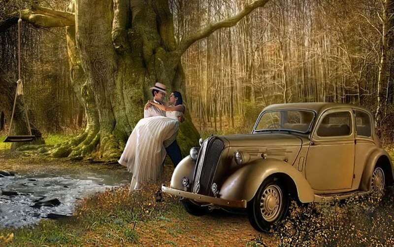 Couple Hugging by Car