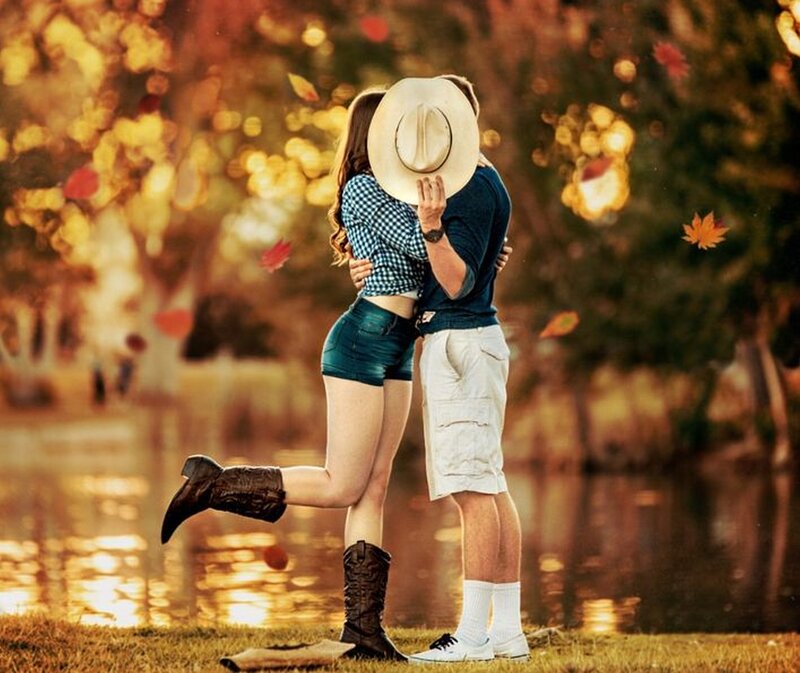Couple Hugging by Lake — Gold