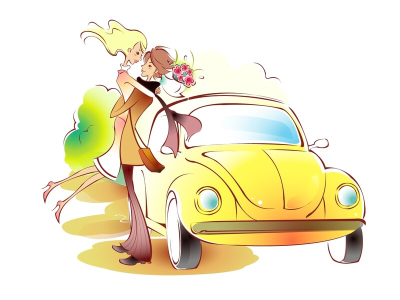 Couple hugging by yellow car