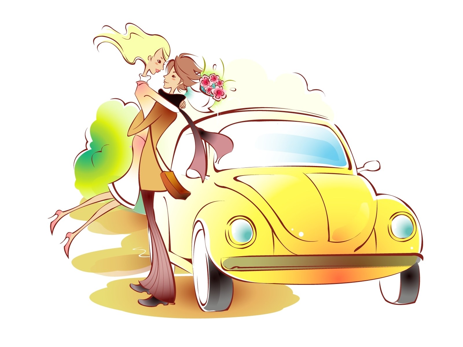 Couple hugging by yellow car
