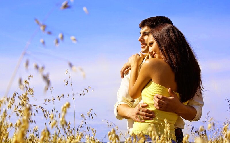 Couple Hugging in Field — Blue, Serene