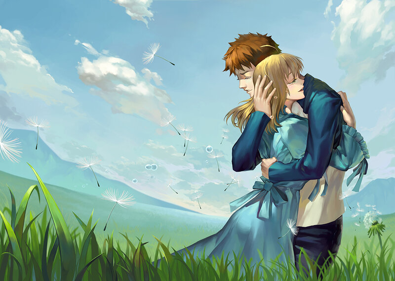 Couple Hugging in Field — Blue