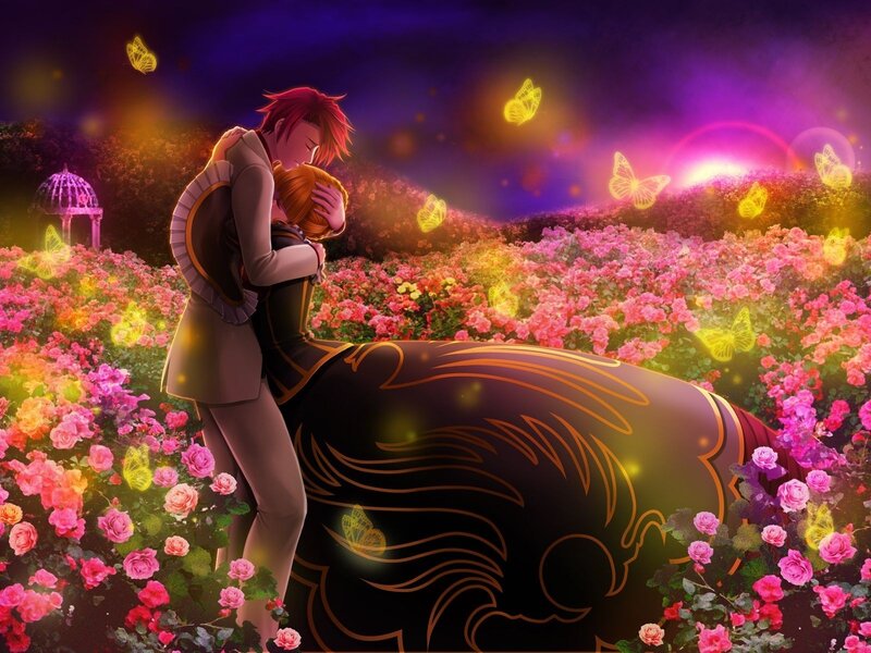 Couple Hugging in Garden — Purple, Romantic