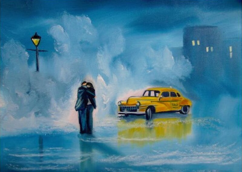 Couple Hugging in Rain — Blue