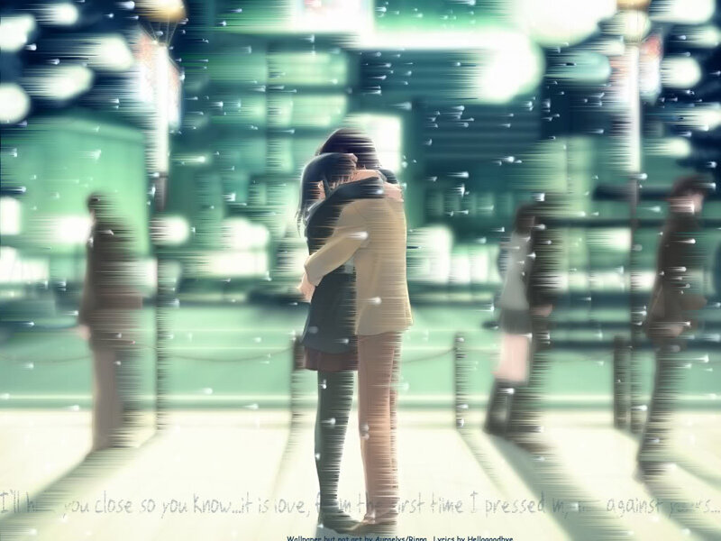 Couple Hugging in Rain — Green
