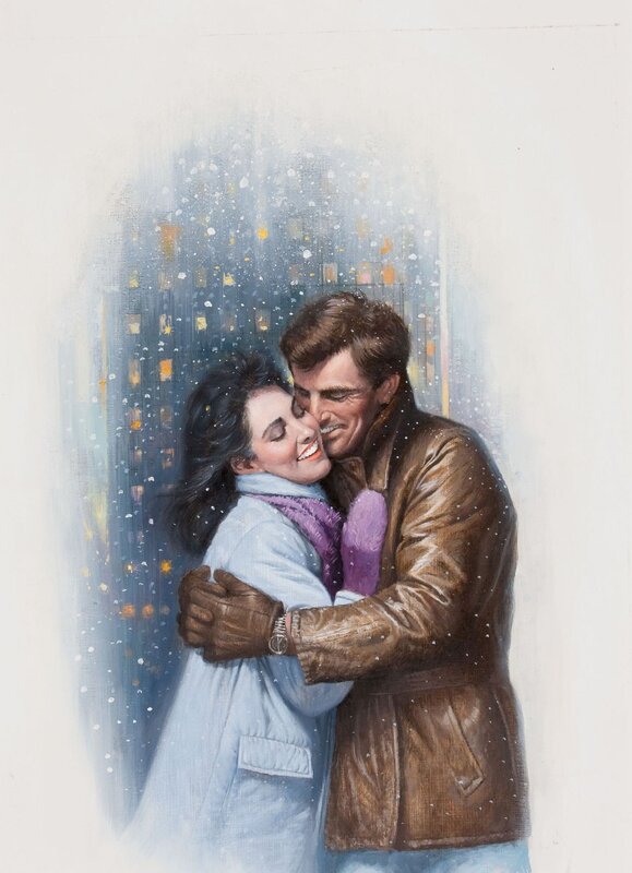 Couple hugging in snow
