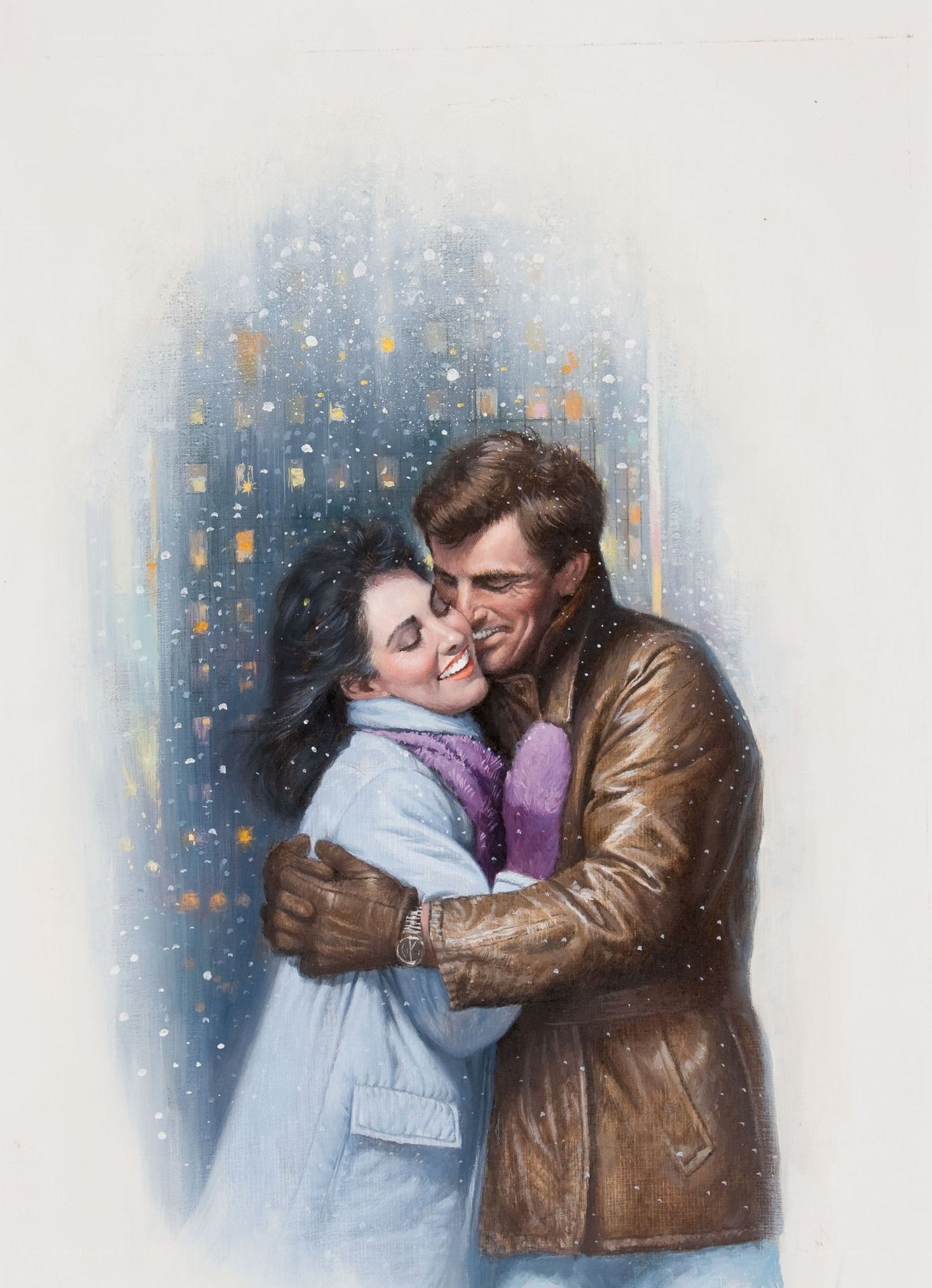 Couple hugging in snow