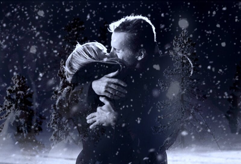 Couple Hugging in Snow — Black, Romantic