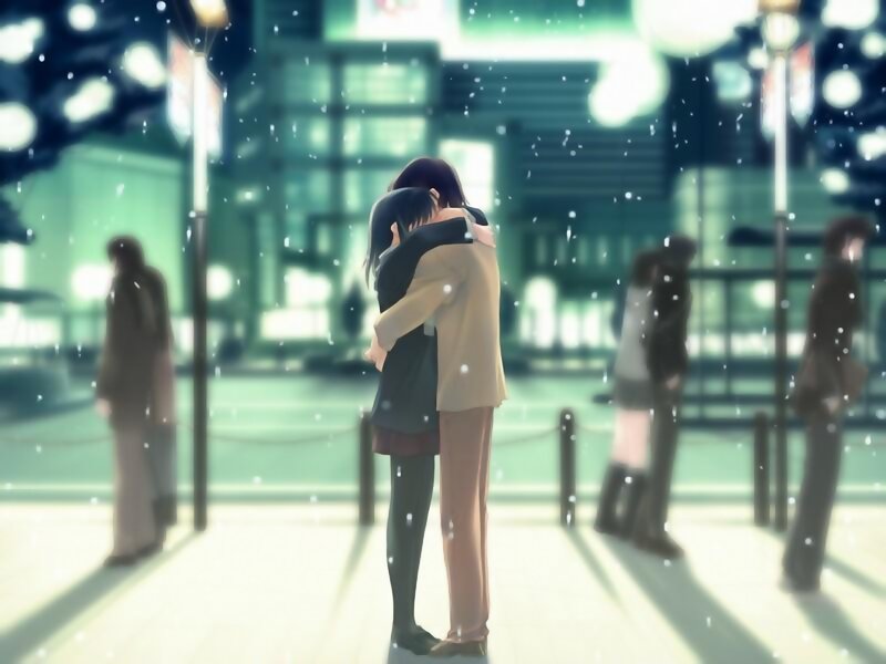 Couple Hugging in Snow — Green, Serene, Night
