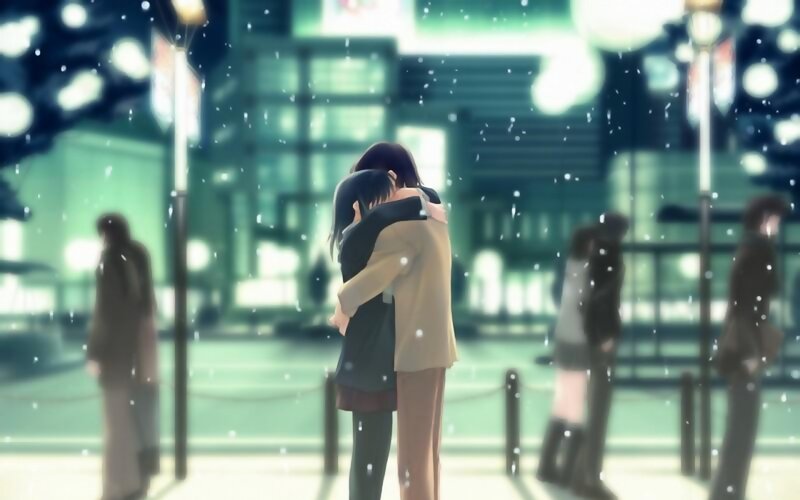 Couple Hugging in Snow — Green, Serene