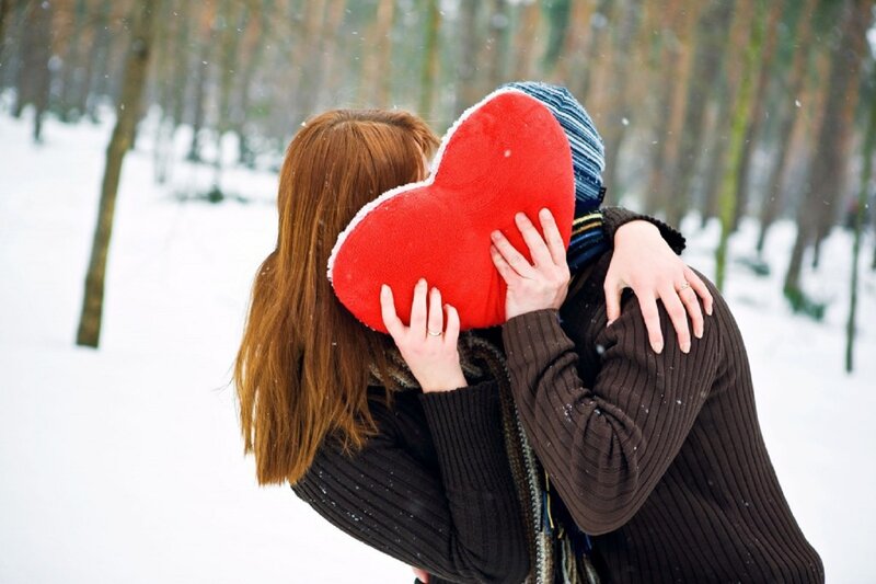 Couple Hugging in Snow — Red