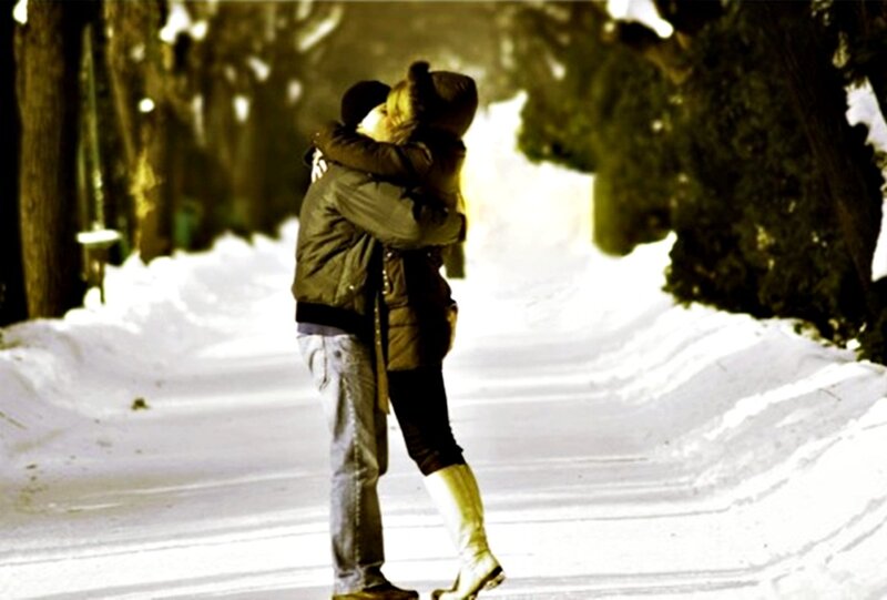 Couple Hugging in Snow — White, Romantic