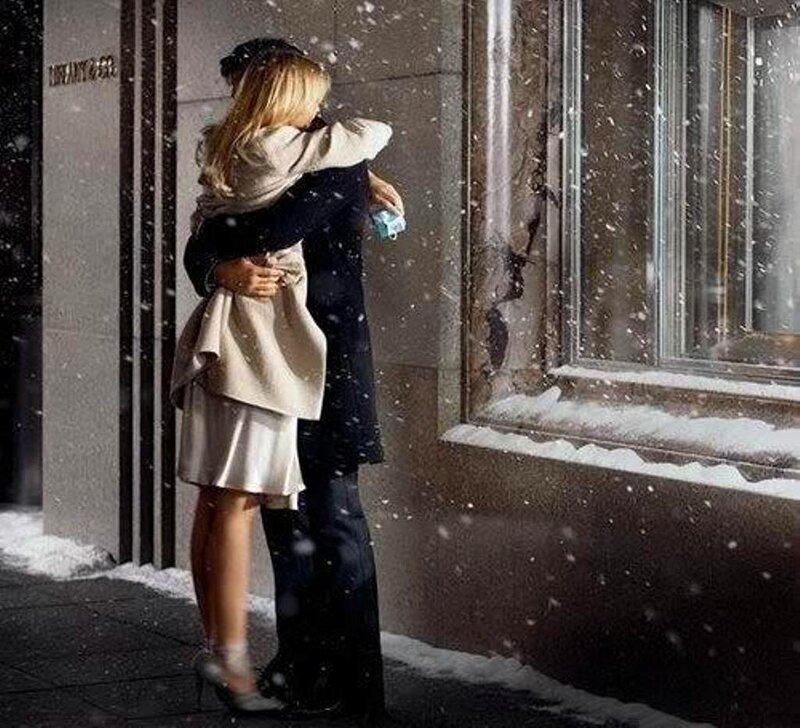 Couple Hugging in Snow — White, Romantic, Winter