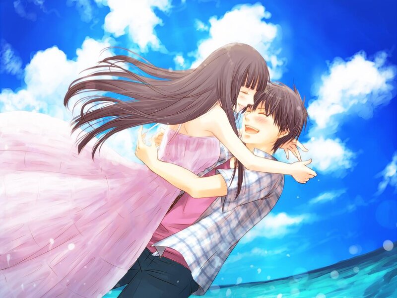 Couple Hugging on Beach — Blue, Joyful