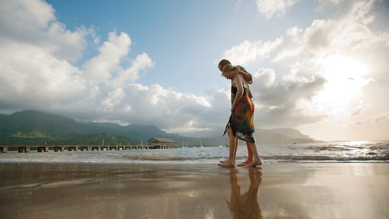 Couple Hugging on Beach — Blue, Serene, Sunset