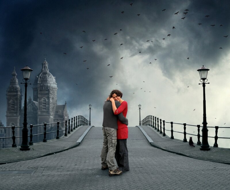 Couple Hugging on Bridge — Gray