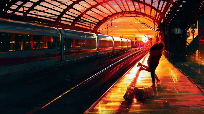 Couple Hugging on Platform — Orange, Dramatic