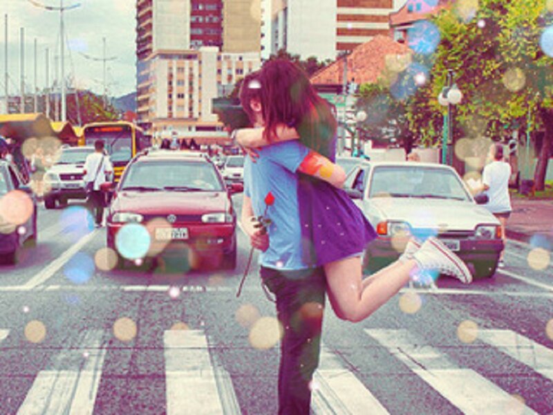 Couple Hugging on Street — Purple