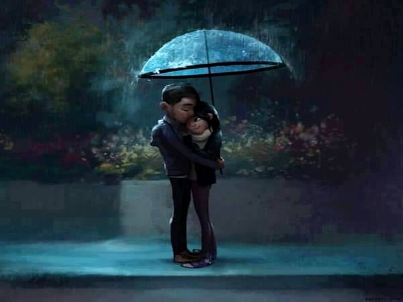 Couple Hugging under Umbrella — Blue