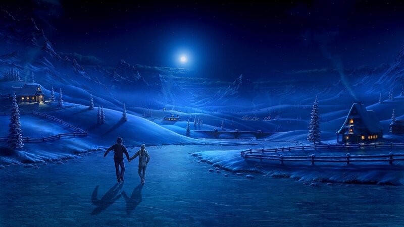 Couple Ice Skating — Blue, Serene, Night, Digital Art, Cabin