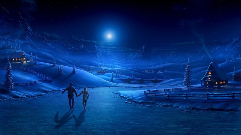 Couple Ice Skating — Blue, Serene, Night, Digital Art, Moon, Mountains