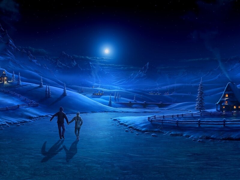 Couple Ice Skating — Blue, Serene, Night, Digital Art