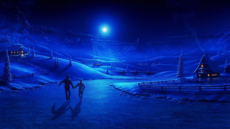 Couple Ice Skating — Blue, Serene, Night