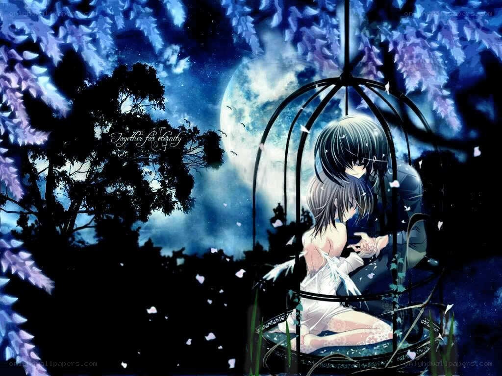 Couple in a birdcage under moonlight
