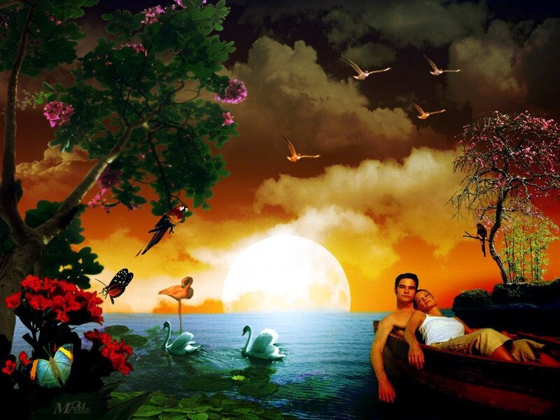 Couple in a Boat — Orange, Serene, Sunset, Digital Art