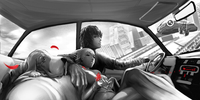 Couple in a car with dog