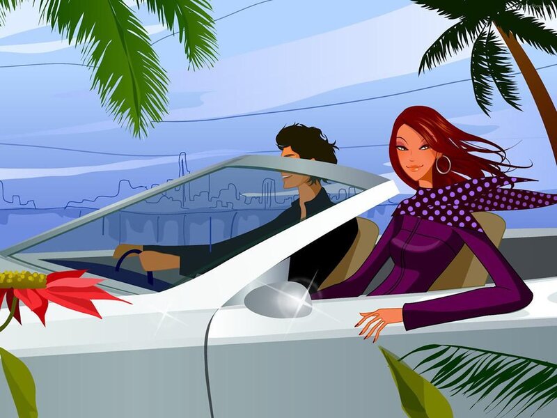 Couple in a convertible car