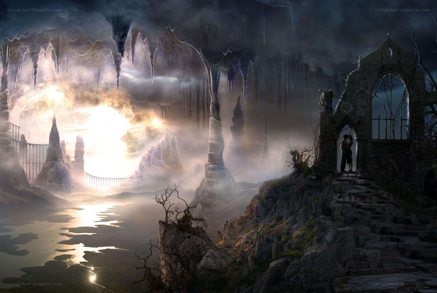 couple in a dark fantasy landscape