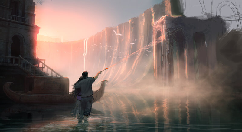 Couple in a gondola at sunset