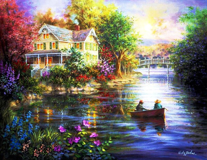 Couple in a Rowboat — Blue, Serene