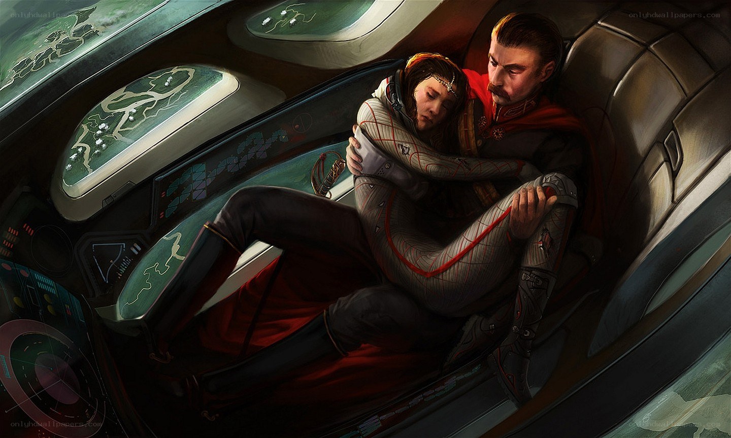 Couple in a spacecraft cockpit