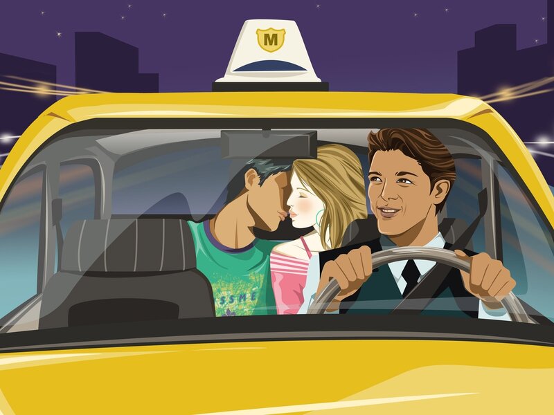 Couple in a taxi at night