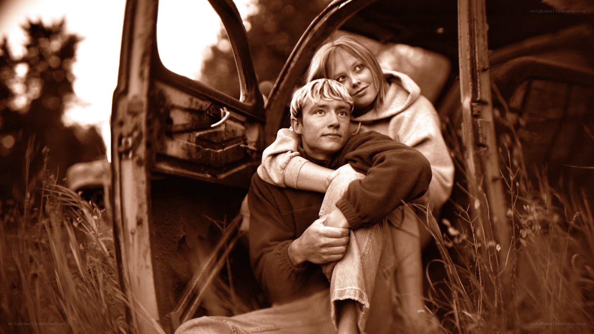 Couple in an old car