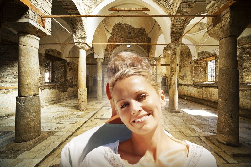 Couple in ancient hall
