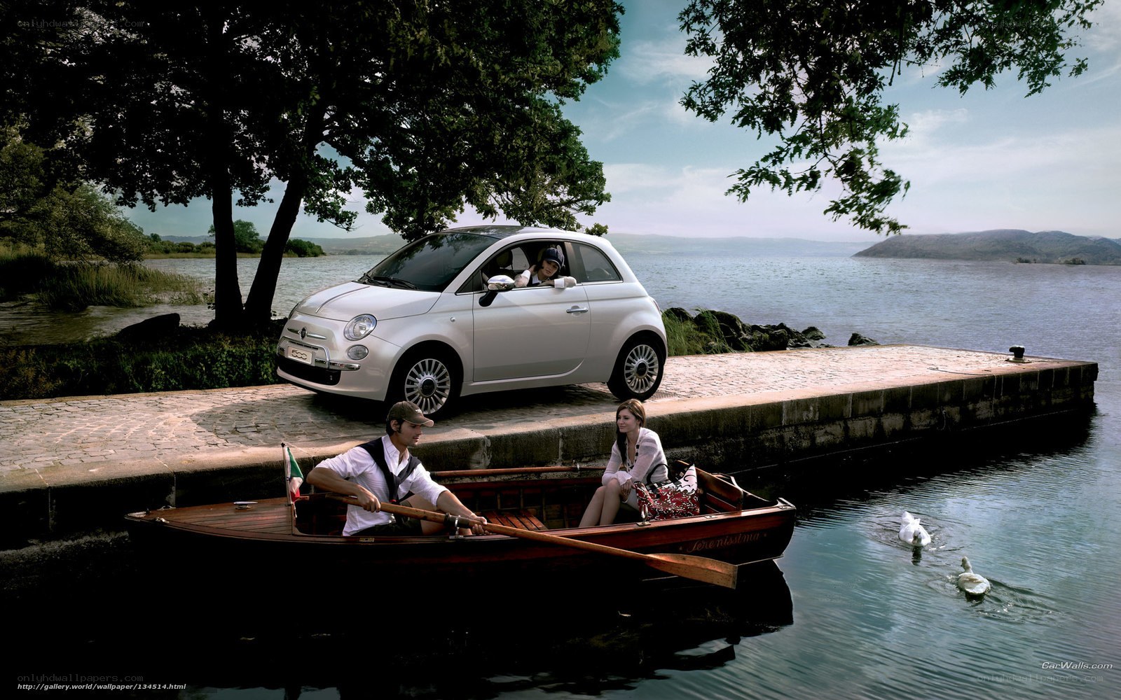 Couple in boat near car