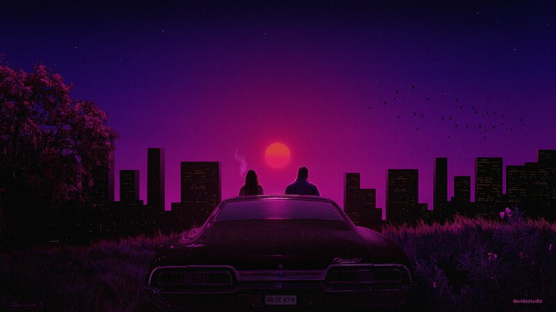 Couple in Car at Night — Purple