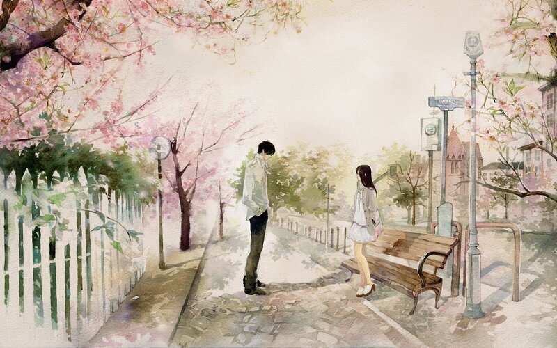 Couple in cherry blossom alley