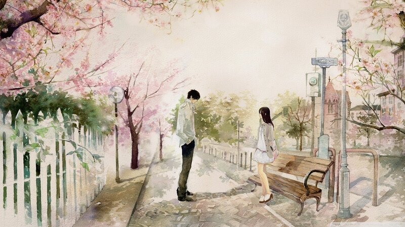 Couple in Cherry Blossom — Pink, Serene, Spring, Illustration