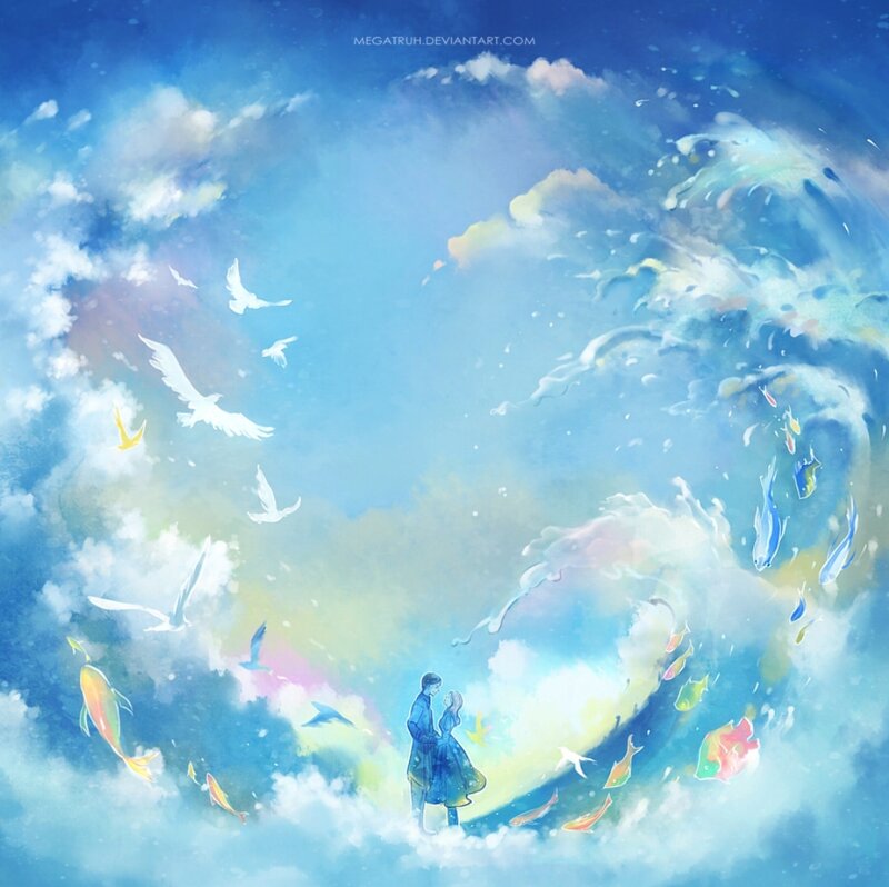 Couple in Clouds — Blue, Serene, Digital Art