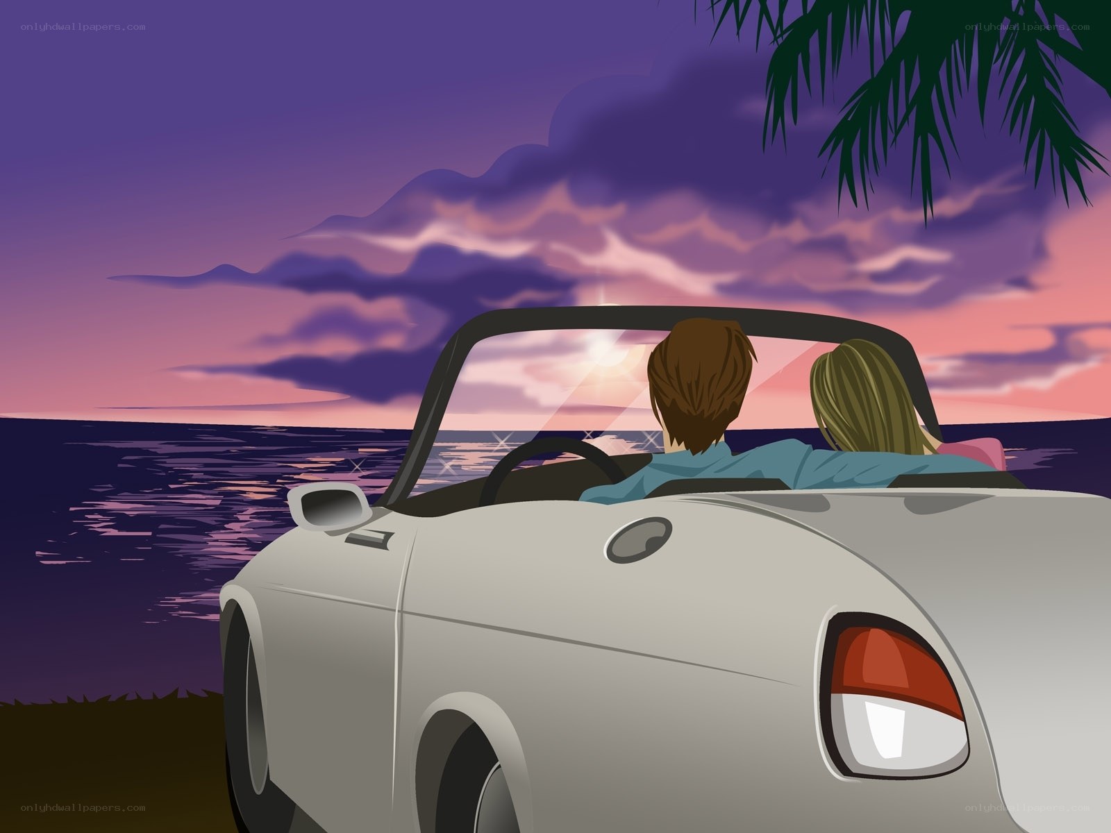Couple in convertible at sunset