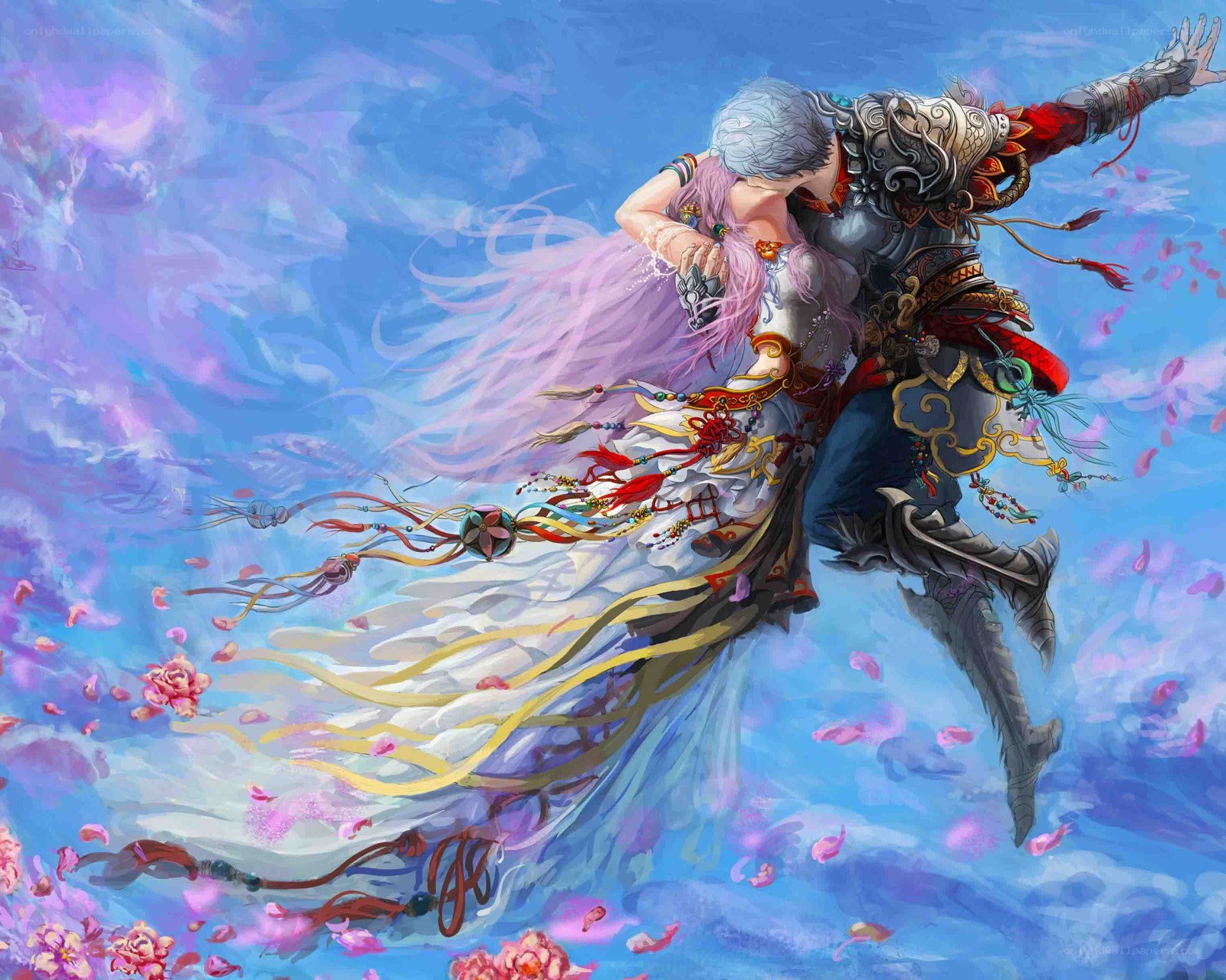 couple in flight with flowers