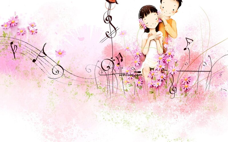 Couple in Flower Field — Pink, Romantic, Spring, Illustration